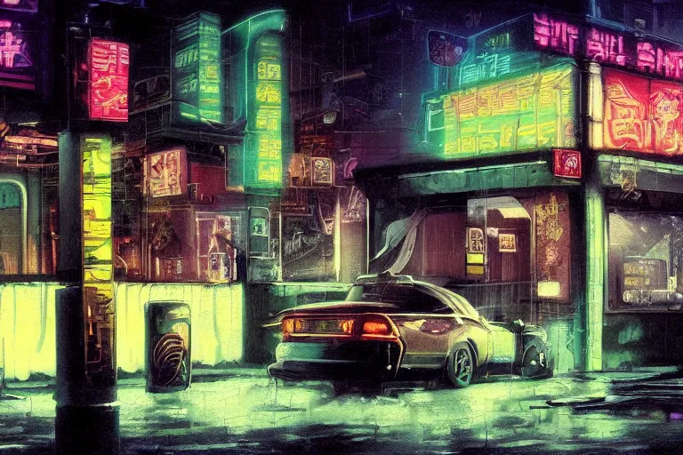 Image similar to Oil painting of a cyberpunk funeral home, 4k, art by Hans Rudolf Geiger and Shirow Masamune, still from anime Serial Experiments Lain, sad atmosphere, moody neon lighting, lots of cigarette smoke