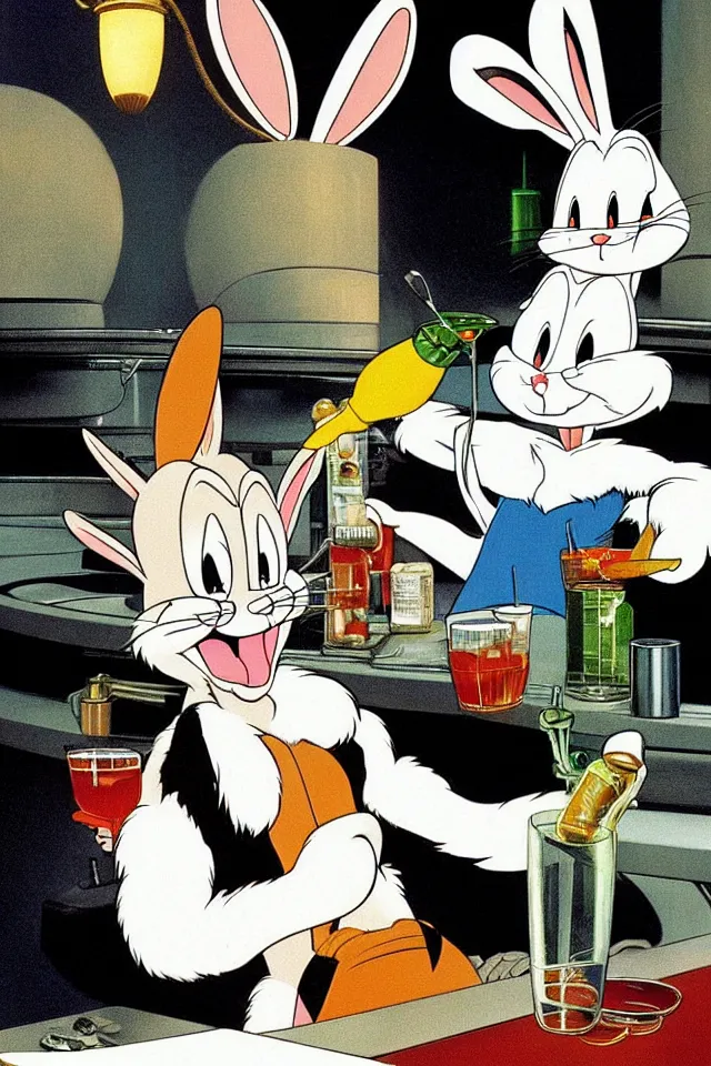 Image similar to Bugs Bunny Drinking Heavily At A Bar, 2001: A Space Odyssey, Roger Deakin’s cinematography, by J. C. Leyendecker and Peter Paul Rubens and Edward Hopper and Michael Sowa