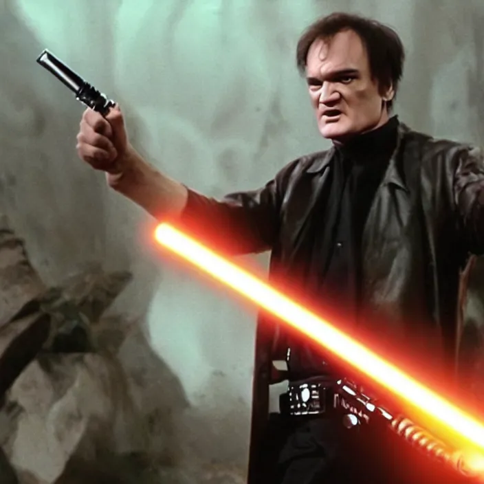 Image similar to quentin tarantino giving upvote with a lightsaber, giving thumbs up. without characters. black background. cinematic trailer format.