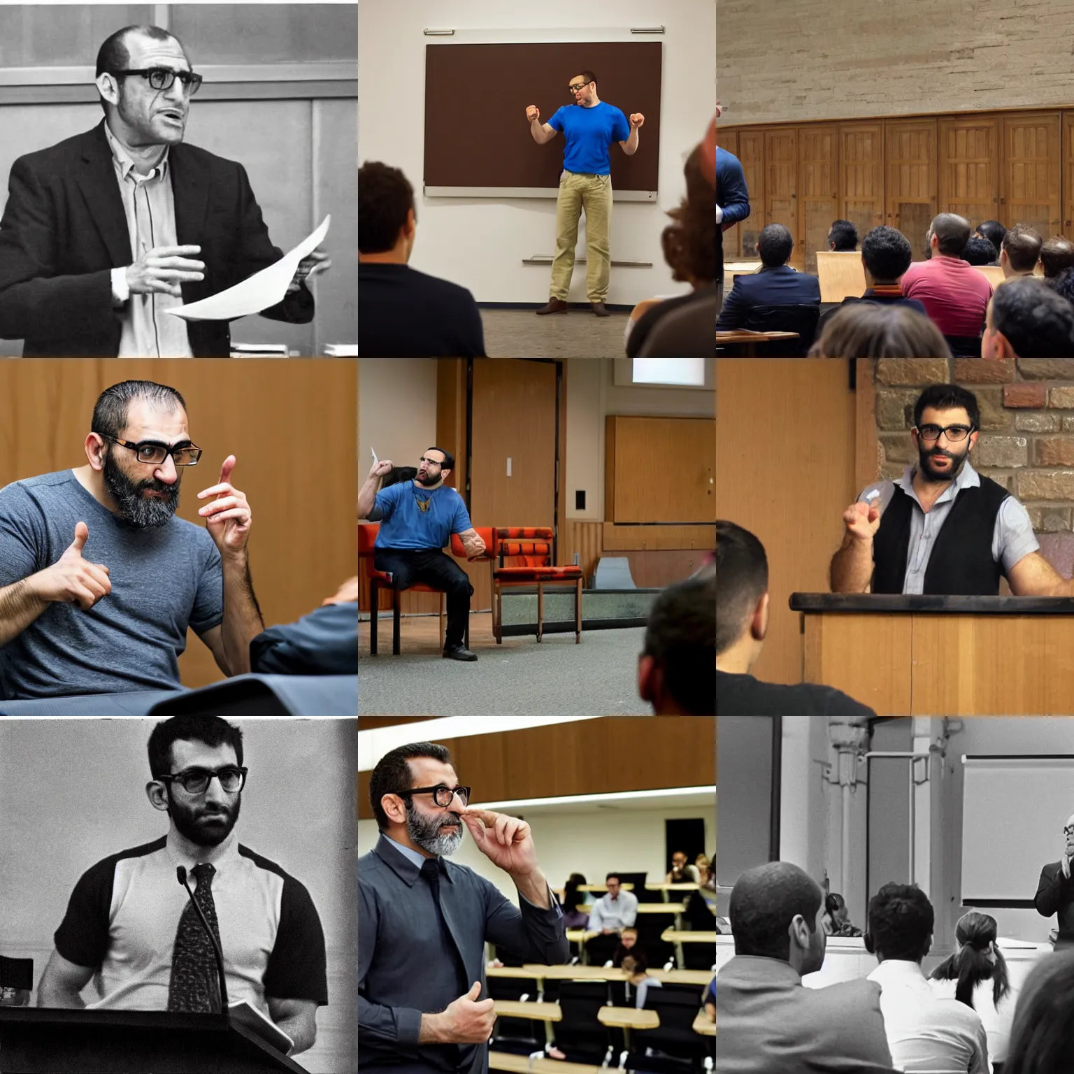 Prompt: A muscular Armenian man in glasses giving a lecture on economics at Princeton