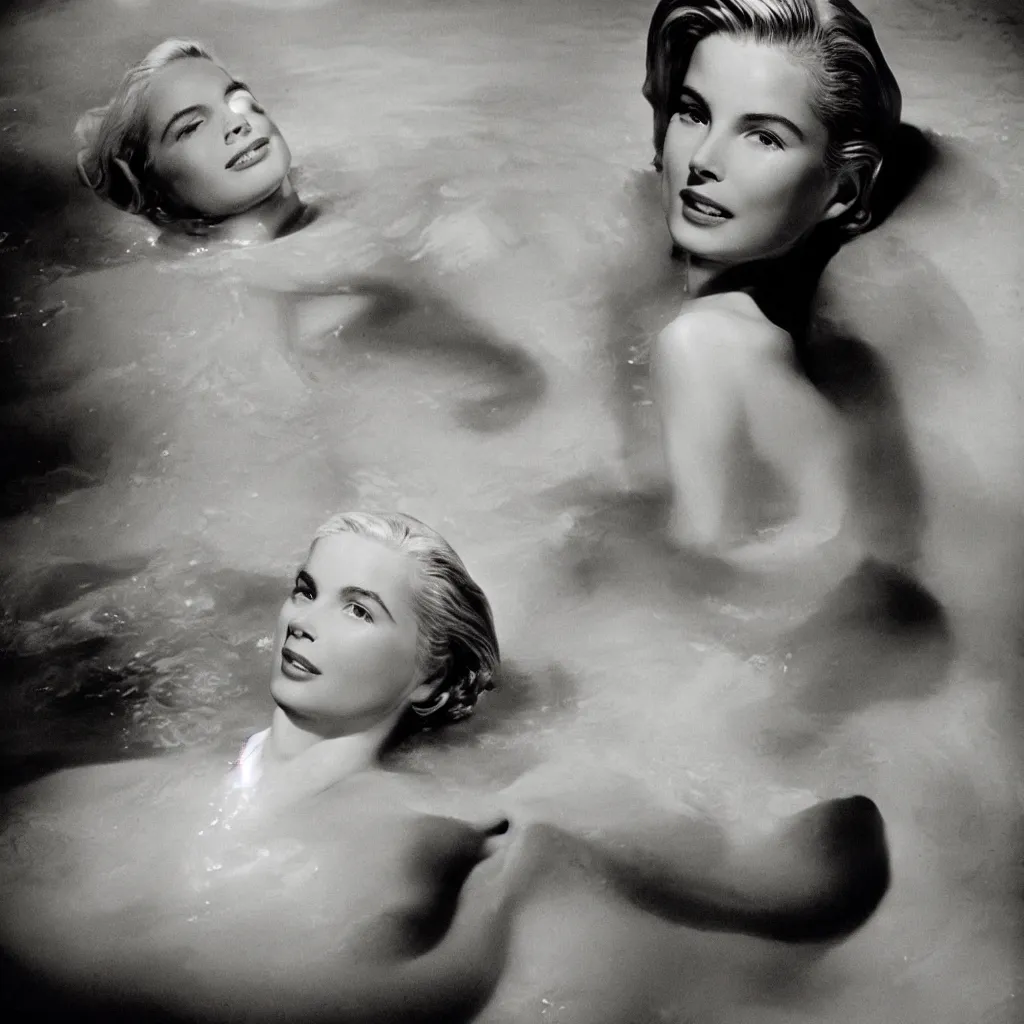 Prompt: Herb Ritts high-contrast color photo of Grace Kelly emerging from a milk bath, vignette, grainy film, shallow depth of field