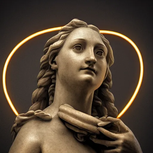 Prompt: a renaissance statue surrounded by a 3 d neon ring, black background, ray tracing, 8 k resolution, shar focus, hyper detailed