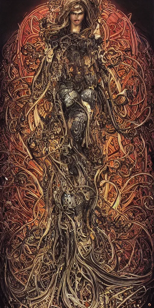 Image similar to Elden Ring and Doom themed intricate painting of majestic chromatic biomechanical anatomical psychedelic mushroom druid central figure intricate highly detailed symmetrical, golden ratio concept, Neo-Gothic concept, infinity waves, masterpiece of cinematic movie screen printing poster colorful and vivid pattern, by Artgerm, Edmund Leighton, Darius Zawadzki, James Jean, Mark Brooks and Moebius, Artstation trending