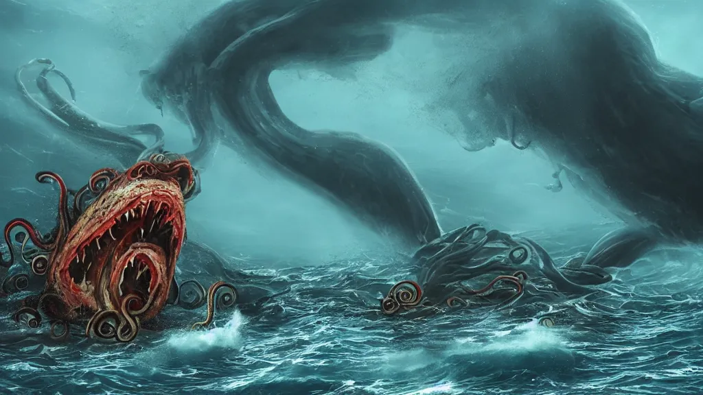 Prompt: a huge monster of the deep emerges out of the crashing waves to attack a small fishing boat, tentacles, horror, cinematic lighting, Technicolor, global illumination