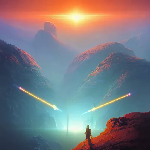 Image similar to ''cinematic shot'' of an star wars battle on the planets surface made of orange hills realistic made by ivan aivazovsky, peter mohrbacher, greg rutkowski volumetric light effect broad light oil painting painting fantasy art style sci - fi art style realism premium prints available artwork unreal engine