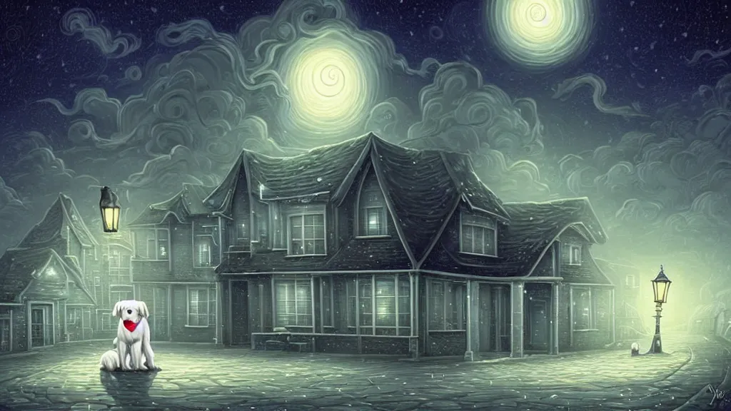 Prompt: a sad white dog in front of an empty house at night by cyril rolando and naomi okubo and dan mumford and ricardo bofill.. lovecraft.. cobbled streets.. oil lamp posts.. lovecraftian.. starry night swirly sky.