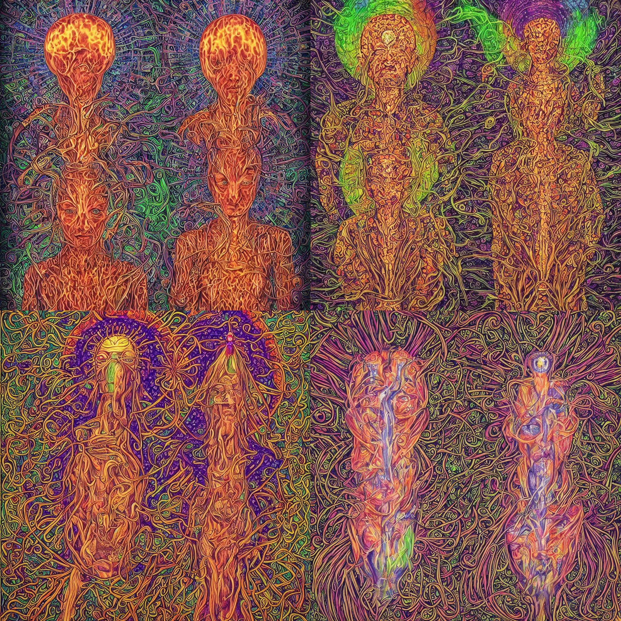 Prompt: enlightened mushroom shaman by Alex Grey