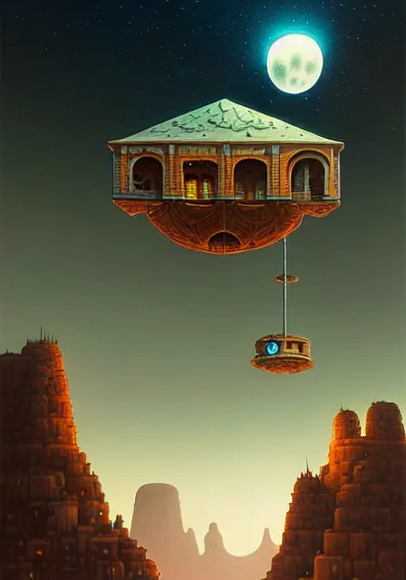 Prompt: a single building flying above a desert oasis in a moonlit night in the style of peter mohrbacher and jacek yerka, detailed