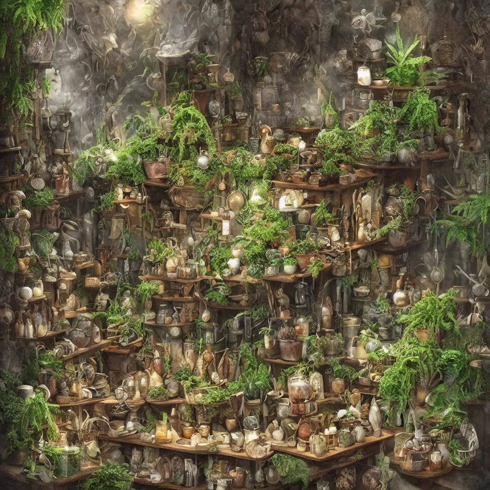 Image similar to small witch shop, counter, cauldrons, potions, visitor!!! in a pointy hat!!, holding an owl, ferns and plants in pots, highly detailed, sharp focus, matte painting, by studio ghibli, by giovani magana,