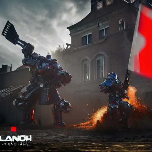 Prompt: dutch gundam as dutch windmill in gears of war, netherlands, dutch flag, splash art, movie still, cinematic lighting, ray tracing, octane render, long lens, shallow depth of field, bokeh, anamorphic lens flare, 8 k, hyper detailed, 3 5 mm film grain