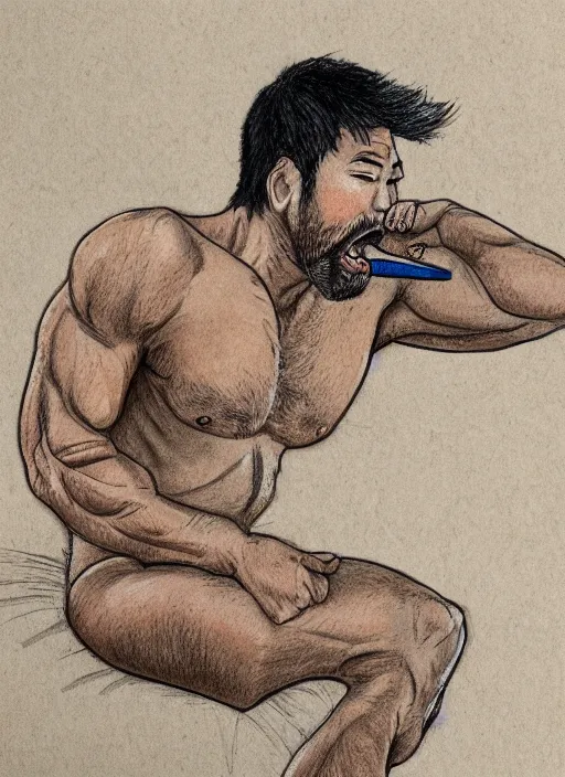 Image similar to muscular man sitting down with a popsicle in mouth, tan skin, stubble, black hair, hairy chest hair, detailed traditional Japanese house, drawn by Tetsuo Hara, 4K