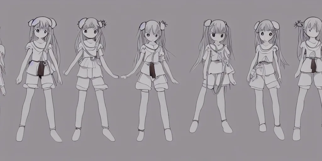 Image similar to a magical adventurer little girl character anime model sheet; in the magical studio ghibli anime; character outfit concepts; trending on artstation, highly detailed, clean lineart