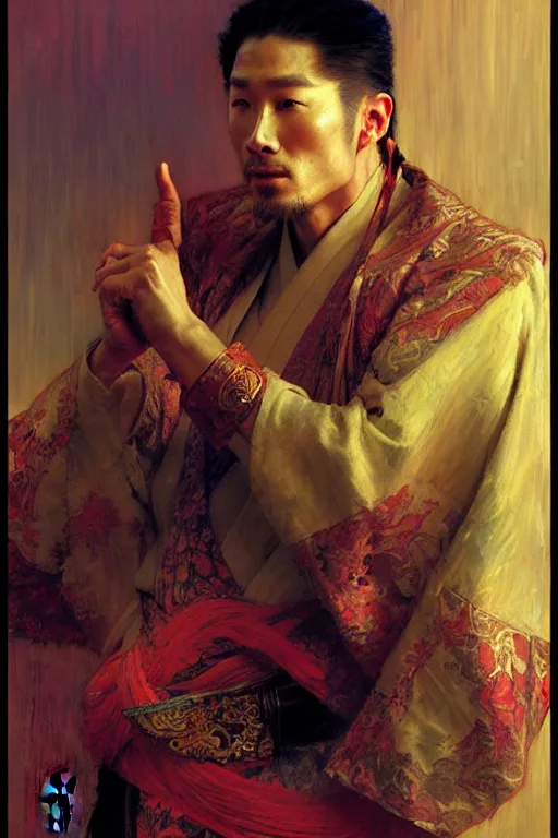 Image similar to attractive man, tang dynasty, cool colors, painting by gaston bussiere, craig mullins, greg rutkowski, alphonse mucha