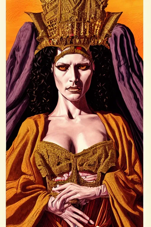 Image similar to Portrait of historically accurate, ancient biblical, sultry, sneering, evil, pagan, wicked, queen jezebel, wearing gilded robes, long hair, intricate, elegant, highly detailed, masterpiece, illustration, art by Jean Giraud, highly detailed, trending on artstation, award winning