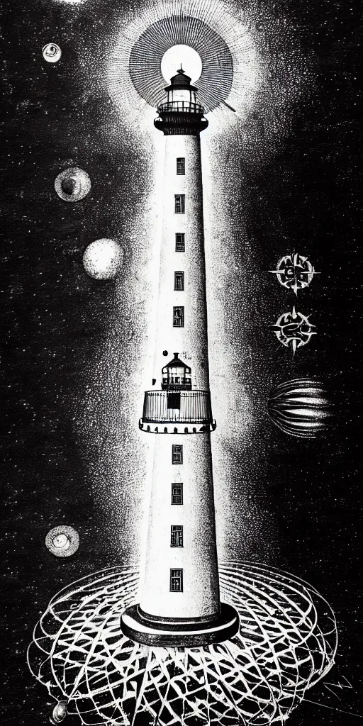 Prompt: an epic lighthouse radiates a unique canto'as above so below'while being ignited by the spirit of haeckel and robert fludd, breakthrough is iminent, glory be to the magic within, in honor of saturn, painted by ronny khalil