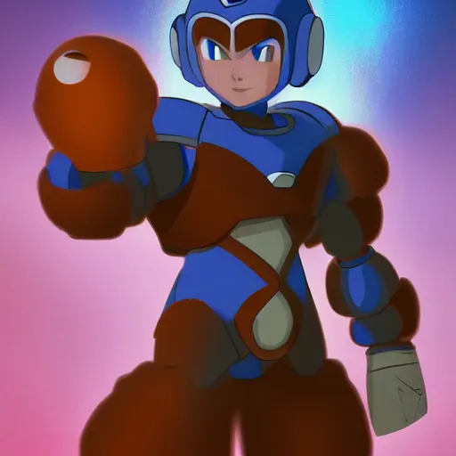 Prompt: a portrait of Megaman ,Grim fantasy, D&D, HDR, natural light, shoulder level shot, dynamic pose, award winning photograph, Mucha style 4k