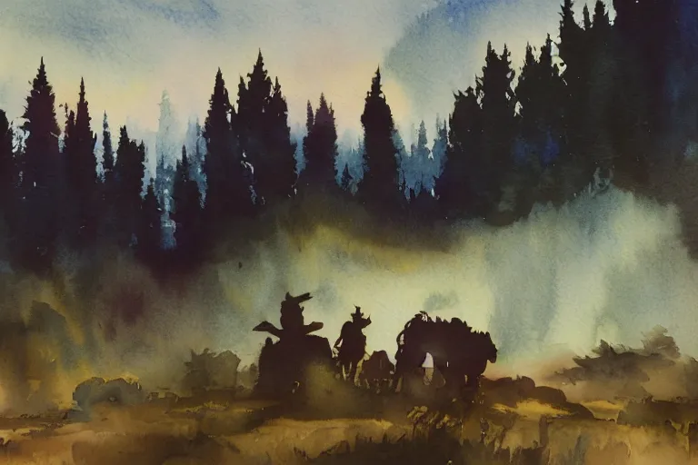 Image similar to small centered on watercolor paper, paint brush strokes, abstract watercolor painting of ragnarok at nightfall, american wild west, pine trees, viking mythology, cinematic light, american romanticism by hans dahl, by jesper ejsing, by anders zorn, by greg rutkowski, by greg manchess, by tyler edlin