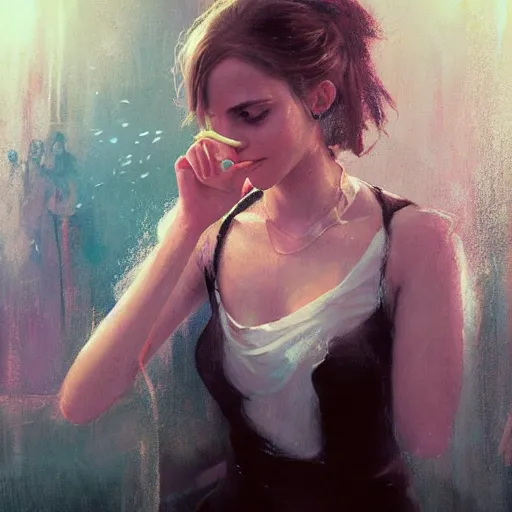 Image similar to highly detailed painting of emma watson drunk in a club, stephen bliss, 8 k, by greg rutkowski, loish, rhads, artgerm, ferdinand knab, makoto shinkai and lois van baarle, ilya kuvshinov, rossdraws, global illumination, radiant light, detailed and intricate environment