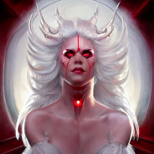 Image similar to ultra realistic illustration, dream humanoid demon girl with white hair, red horns, in white clothes, red eyes, intricate, elegant, highly detailed, digital painting, artstation, concept art, smooth, sharp focus, illustration, art by artgerm and greg rutkowski and alphonse mucha