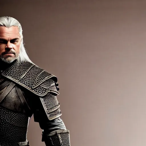 Image similar to Leonardo Dicaprio wearing Geralt of Rivia\'s armor, promo shoot, studio lighting