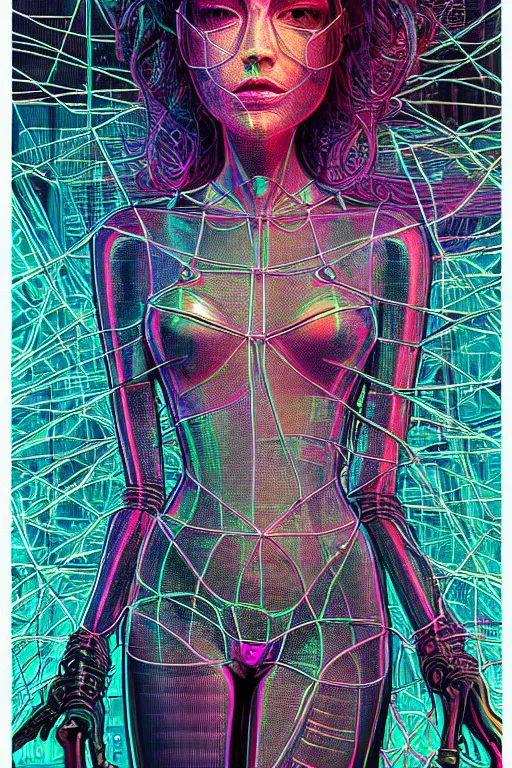 Image similar to dreamy cyberpunk girl, neon leather, detailed acrylic, wireframe fractals, intricate complexity, by dan mumford and by alberto giacometti, peter lindbergh