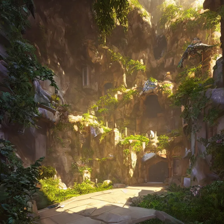 Image similar to secret overwatch hallway for living quarters carved inside a mountain surrounding a lush garden, trimmed, magical, natural light, cozy, fantasy, minimalist architecture, sharp focus, concept art, by greg rutkowski and craig mullins,, octane render 8 k