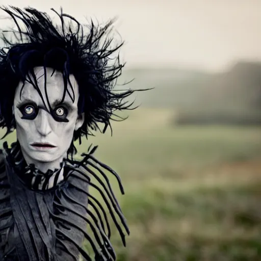 Prompt: first still taylor momson as edward scissorhands in edward scissorhands remake, ( eos 5 ds r, iso 1 0 0, f / 8, 1 / 1 2 5, 8 4 mm, postprocessed, crisp face, facial features )