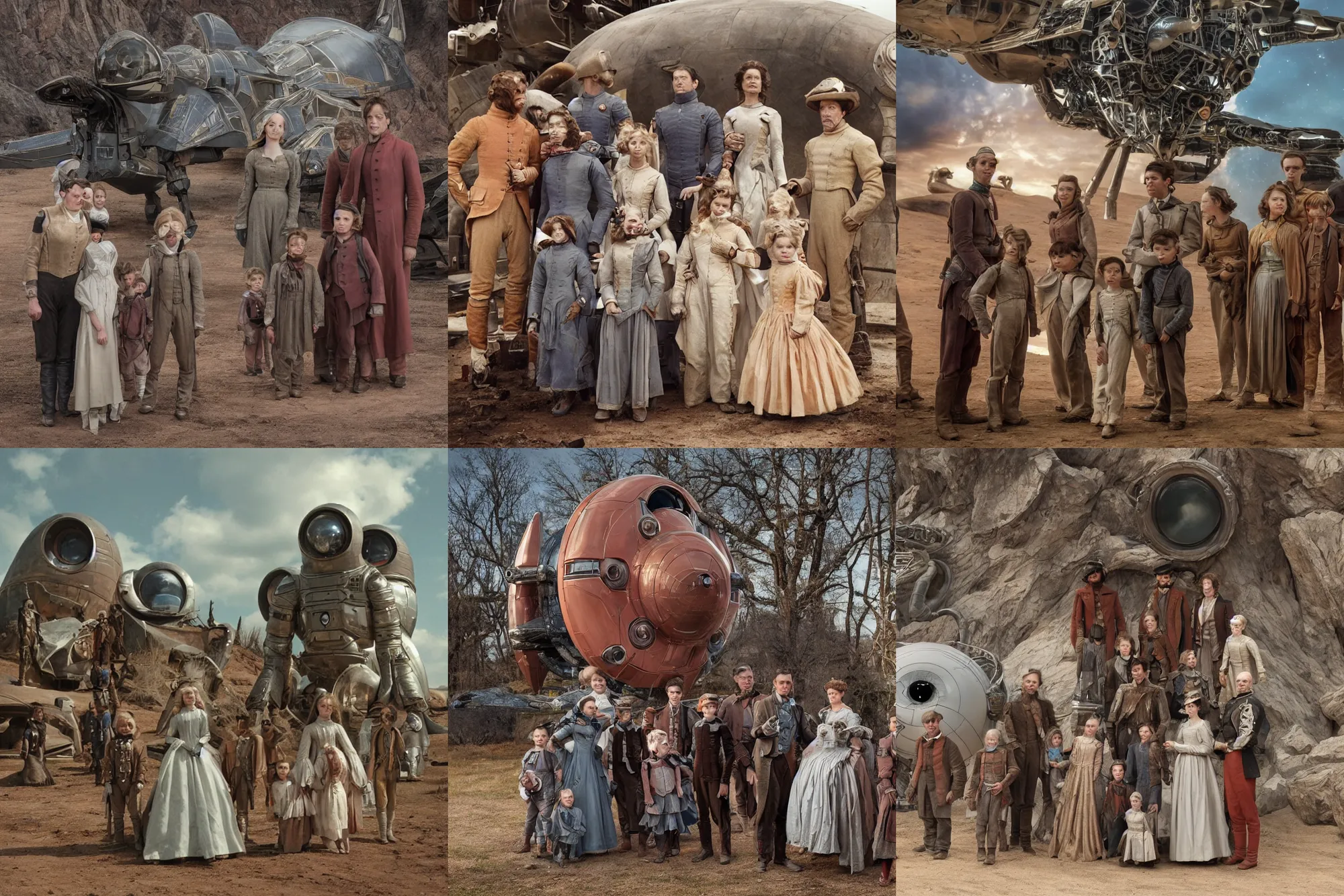 Prompt: highly detailed, 1024777216k film still from a sci fi blockbuster color movie made in 2019, set in 1860, of a family standing in front of a spaceship that has just landed on an alien planet, a humanoid alien creature stands nearby, the family are all wearing 1860s era clothes, good lighting, good photography, ultra high definition