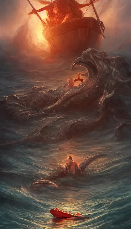 Image similar to man on boat crossing a body of water in hell with creatures in the water, sea of souls, by artgerm