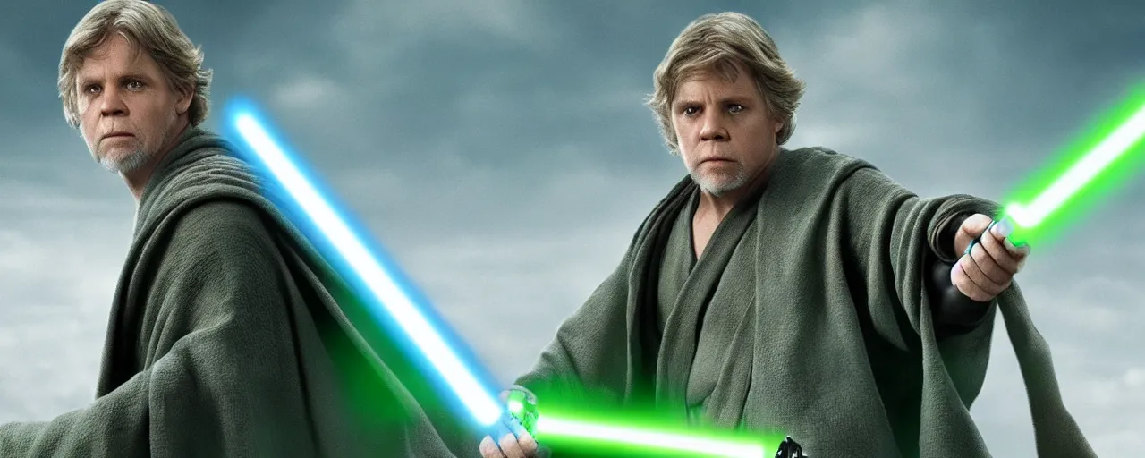 Image similar to Hyper realistic Jedi master Luke Skywalker with green lightsaber based on the last Jedi, 4K