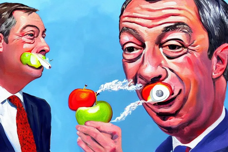 Image similar to a painting of nigel farage being spitroasted by two men over a fire with an apple in his mouth, digital art