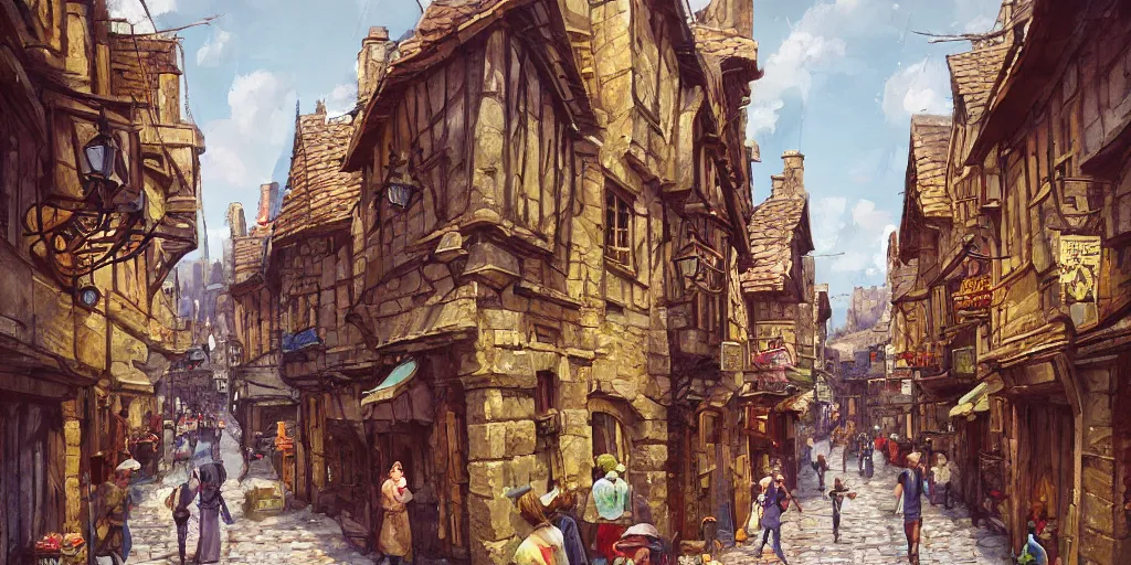 Image similar to a busy fantasy street looking down one street within a fascinating old city, quirky shops, narrow streets, old buildings, cobblestones on the ground, stone steps, street life, by Sylvain Sarrailh, single street, cinematic, simple but effective composition, clean lines, beautiful digital painting, oil painting, detailed, dungeons and dragons, lord of the rings