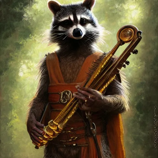 Image similar to humanoid racoon bard wearing tunic holding instrument, d & d, closeup portrait, art by donato giancola and greg rutkowski, vintage retro, realistic face, digital art, trending on artstation, symmetry!!