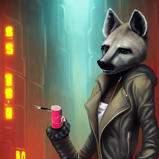 Image similar to digital painting of anthromorphic hyena female smoking cigarrete, fursona, furry fandom, furaffinity, neon rainy cyberpunk setting, anthro, wearing cyberpunk leather jacket, detailed face, blade runner, zootopia style,