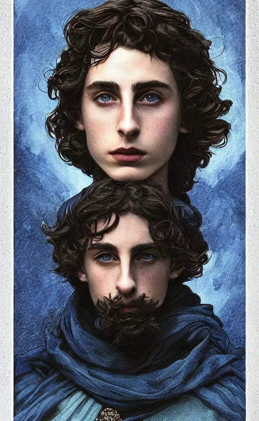 Image similar to beautiful paul atreides timothee chalamet with a three day beard, emperor of the known universe, completely blue eyes, perfect dramatic and dark portrait insanely detailed, concept art, deep focus, intricate, highly detailed, digital painting, artstation, matte, sharp focus, illustration, art by greg rutkowski and alphonse mucha, low angle, dominant eye