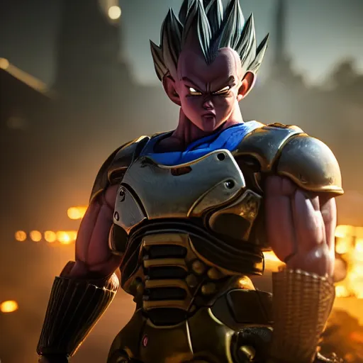 Image similar to vegeta in gears of war, splash art, movie still, cinematic lighting, ray tracing, octane render, long lens, shallow depth of field, bokeh, anamorphic lens flare, 8 k, hyper detailed, 3 5 mm film grain