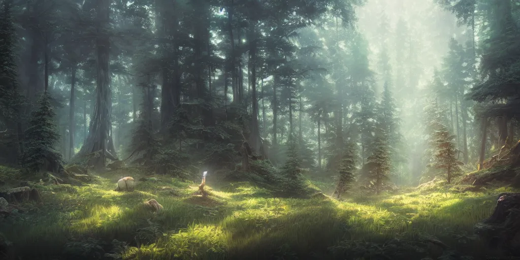 Image similar to a forest, highly detailed oil painting, Jessica Rossier, Studio Ghibli, range murata, digital art, octane render, beautiful composition, trending on artstation, masterpiece