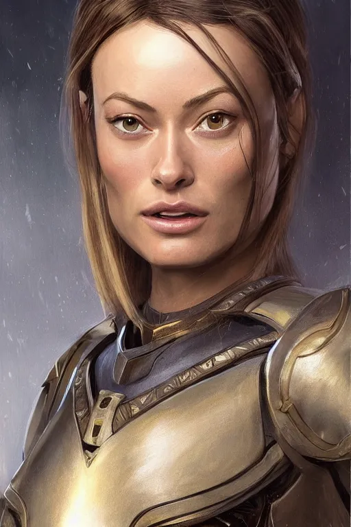 Image similar to a professional painting of a young Olivia Wilde, clothes in military armor, olive skin, long dark hair, beautiful bone structure, symmetrical facial features, intricate, elegant, digital painting, concept art, smooth, sharp focus, illustration, from StarCraft by Ruan Jia and Mandy Jurgens and Artgerm and William-Adolphe Bouguerea