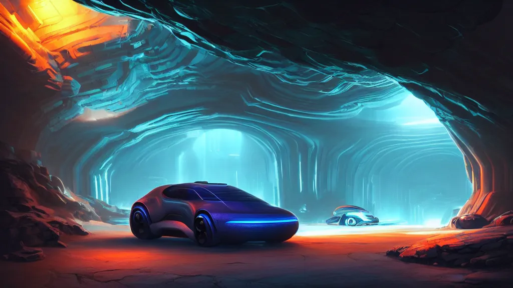 Prompt: dodge 2 0 2 5 electric concept car riding through underground cyberpunk caverns. cave. tunnel. digital render. digital painting. beeple. noah bradley. cyril roland. ross tran. trending on artstation.