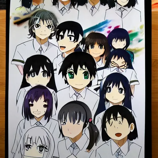 Prompt: All the watamote cast on a paper drawing