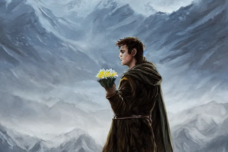 Image similar to concept art, mood painting, environment painting, rohan man holding white flower looking at flower large field autumn october snow capped mountains in background lord of the rings lotr. style of, ryan church, jon mccoy, george hull, painting