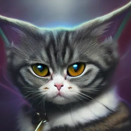 Image similar to scottish fold cat/yoda, magic the gathering artwork, D&D, fantasy, cinematic lighting, centered, symmetrical, highly detailed, digital painting, artstation, concept art, smooth, sharp focus, illustration, volumetric lighting, epic Composition, 8k, art by Akihiko Yoshida and Greg Rutkowski and Craig Mullins, oil painting, cgsociety