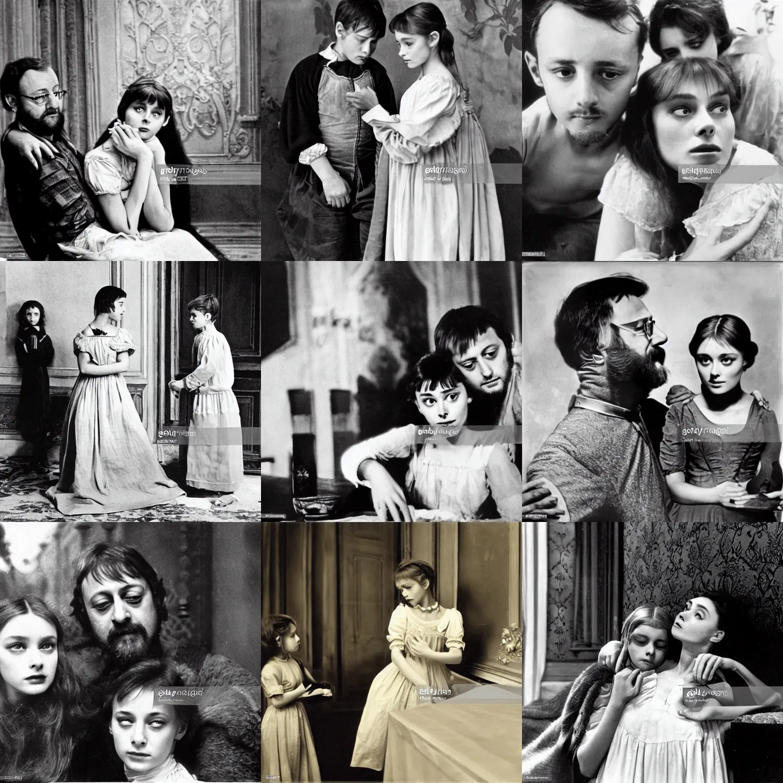 Prompt: award winning, drama play stock photo by josef sudek, juliet ( young audrey hepburn ) and romeo ( young jean reno ) in the 1 6 th century verone