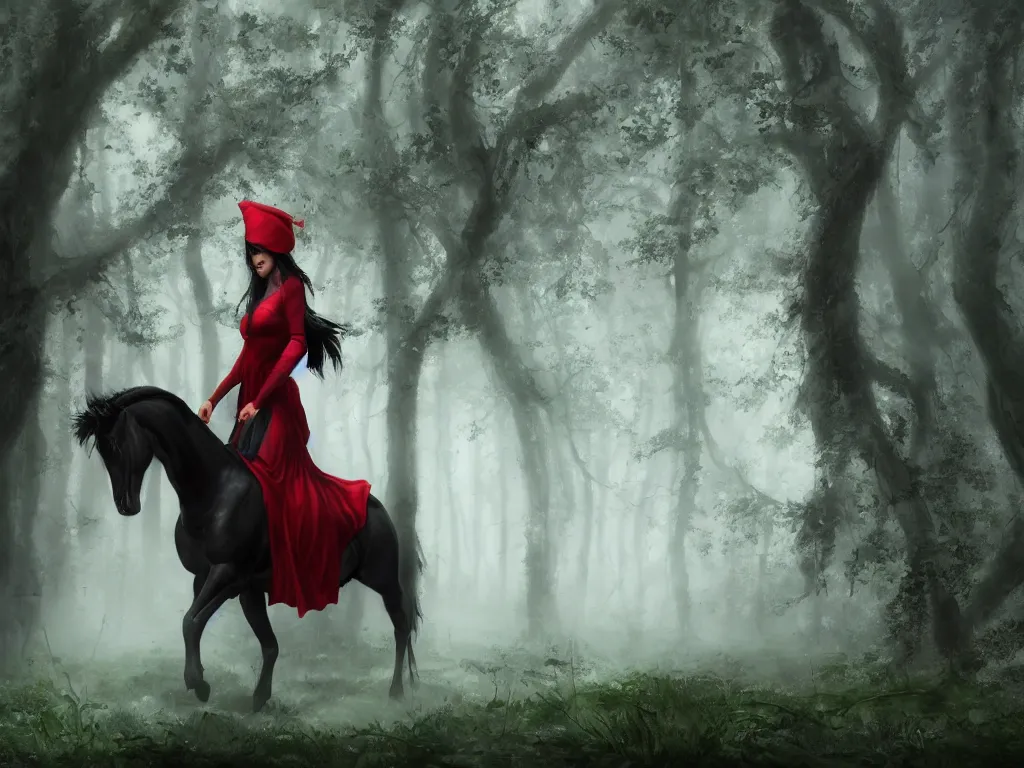 Image similar to a female beauty with red cap rides on a strong black horse slowly through a dense misty green oak and beech forrest, rays of life, cinematic, fantasy art, moody morning light, cryengine, trending on artstation, by cynthia sheppard, by naoto hatori, by tyler jacobson, by john howe, by ridley scott, by peter jackson, by chris rahn