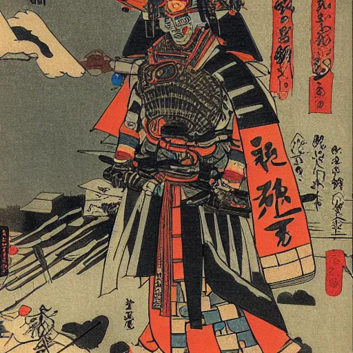 Prompt: samurai cyborg in a dystopian cyberpunk megacity, utagawa kuniyoshi