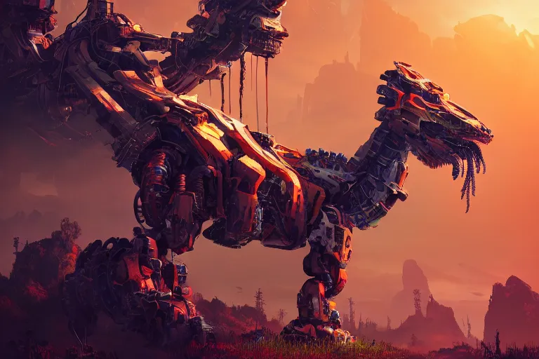 Image similar to behemoth machine mecanical creature robot of horizon forbidden west horizon zero dawn radiating a glowing aura global illumination ray tracing hdr fanart arstation by ian pesty and alena aenami artworks in 4 k