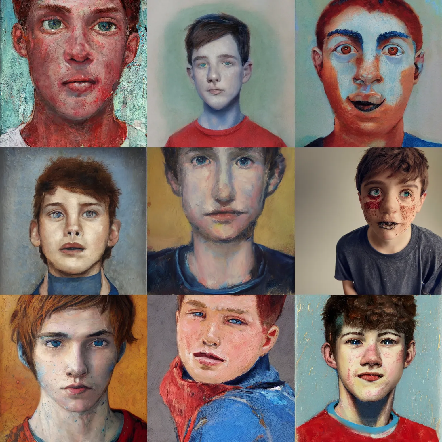 Prompt: face portrait of a teen boy with short red hair and a lot of freckles and blue eyes and a long nose, highly detailed