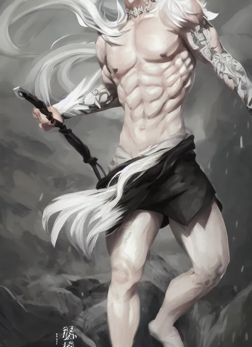 Image similar to a highly detailed illustration of white haired fierce asian man with short white hair parted down middle, wearing white kimono with black shirt, with black sclera eyes, heroically battle posing, muscular, intricate, elegant, highly detailed, centered, digital painting, artstation, concept art, smooth, sharp focus, league of legends concept art, WLOP