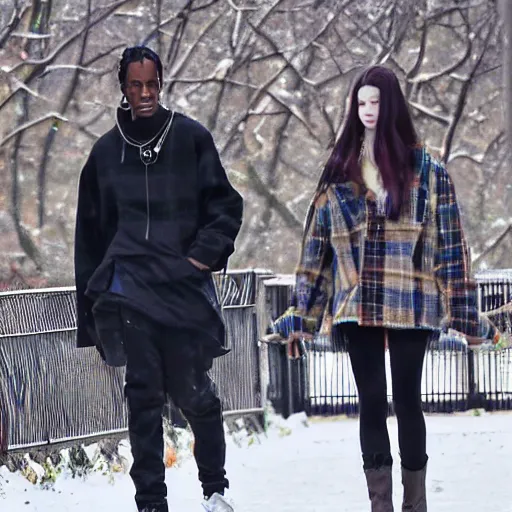 Image similar to travis scott dating anya taylor joy in central park at winter, symmetry photorealistic, dynamic light, ultra detailed, paparazzi photo