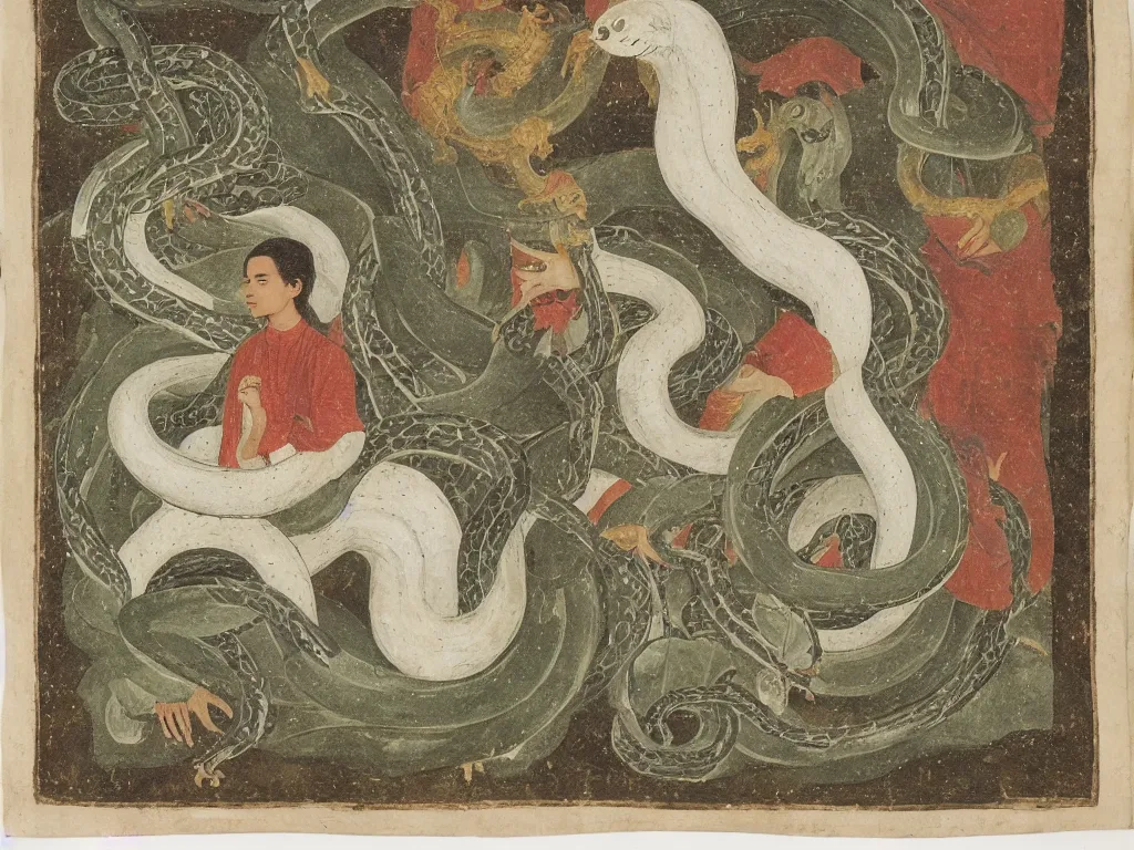 Image similar to Portrait of a young mystic dressed in white with a giant snake, thunderstorm. Clear, high contrast Mughal miniature.